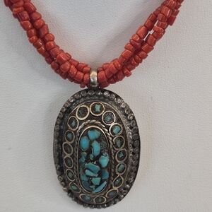 Artisan Coral and Turquoise Pendant Necklace Vintage
